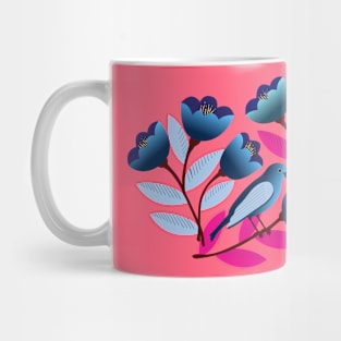 Bold and bright birds amid the tulips Mug